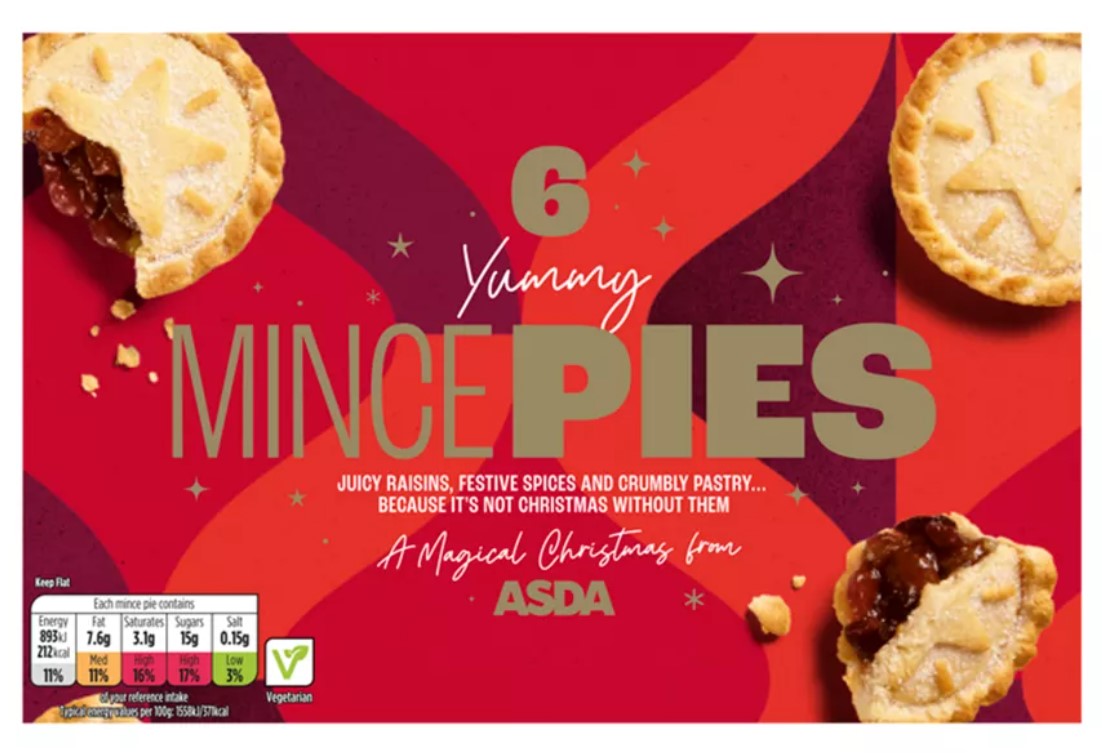 Box of six mince pies from ASDA with festive design, including images of pies and text highlighting ingredients like juicy raisins and festive spices.