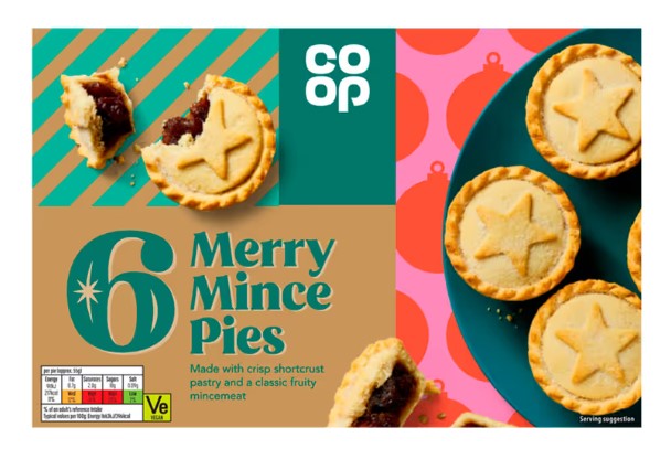 Packaging of Co-op Merry Mince Pies featuring six pies with star designs made with shortcrust pastry and fruity mincemeat.