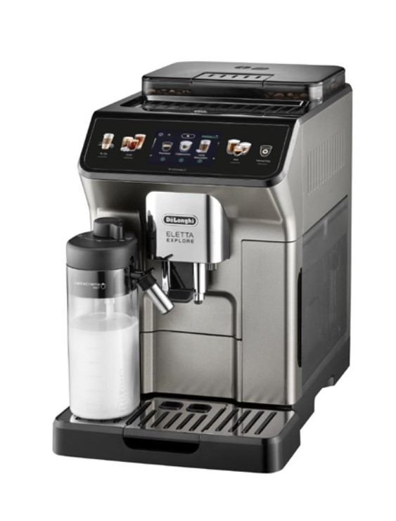 A De'Longhi Eletta Explore coffee machine with a touchscreen interface, milk frother, and espresso dispenser, shown from a front angle.