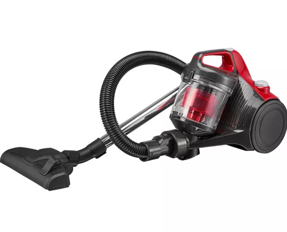 A red and black canister vacuum cleaner with a transparent dust container and a flexible hose.