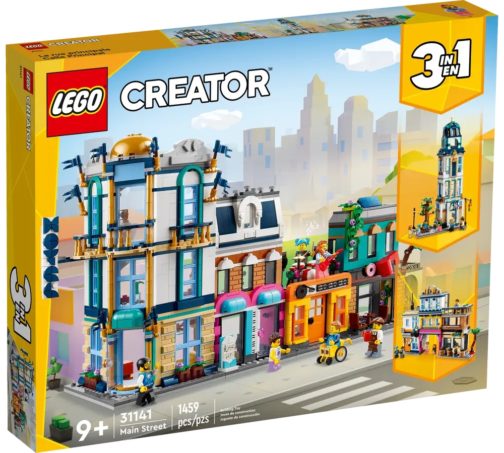 The box for the LEGO Creator 3-in-1 Main Street set, showing a completed version