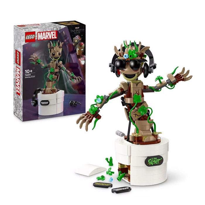 A LEGO Marvel set that shows Baby Groot wearing sunglasses and dancing