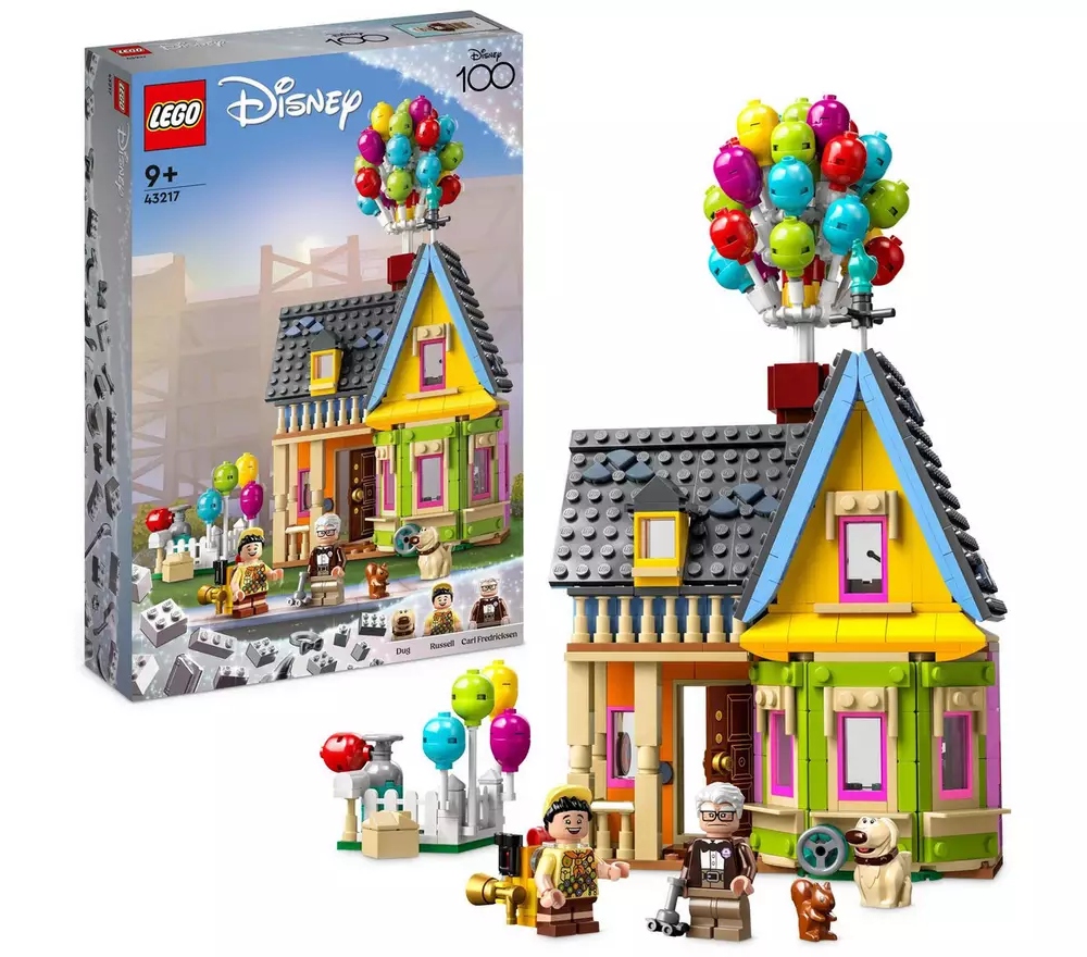 An image showing a LEGO set of the house from Up, complete with balloons and minifigures of the characters