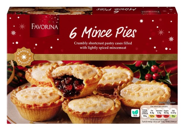 Box of six mince pies with crumbly shortcrust pastry filled with lightly spiced mincemeat.