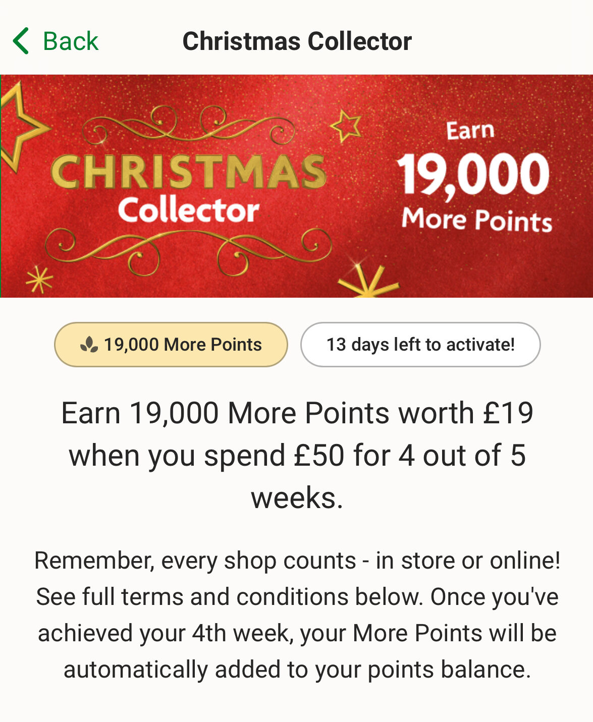 Screenshot of a rewards program offer titled "Christmas Collector" to earn 19,000 points by spending £50 for 4 out of 5 weeks. Includes a button to "Complete Activation" and view terms and conditions.