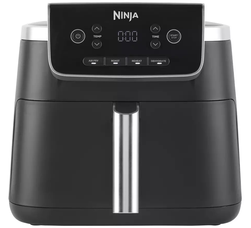 A large black Ninja air fryer with closed doors and a digital display