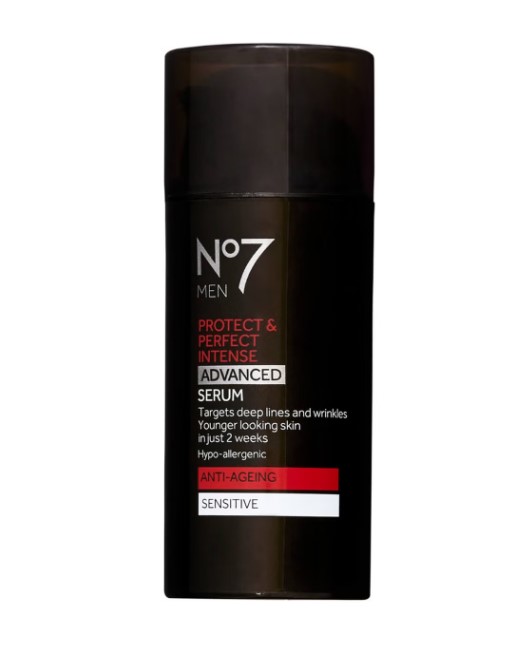 A black bottle labeled "No7 Men Protect & Perfect Intense Advanced Serum" featuring anti-ageing and sensitive skin benefits.