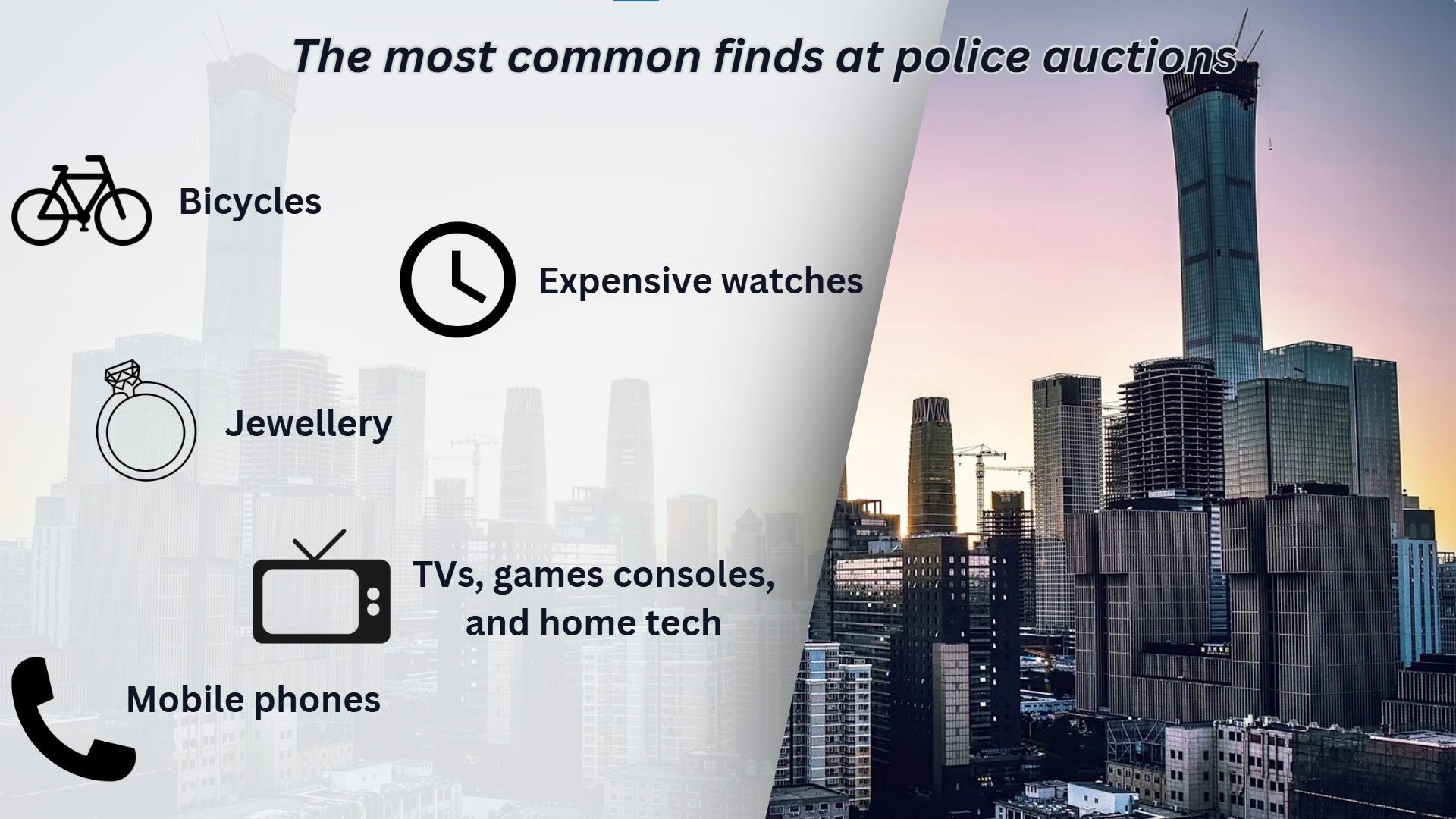 An infographic showing the most common items on sale at police auctions: bikes, phones, tech, clothes, and jewellery