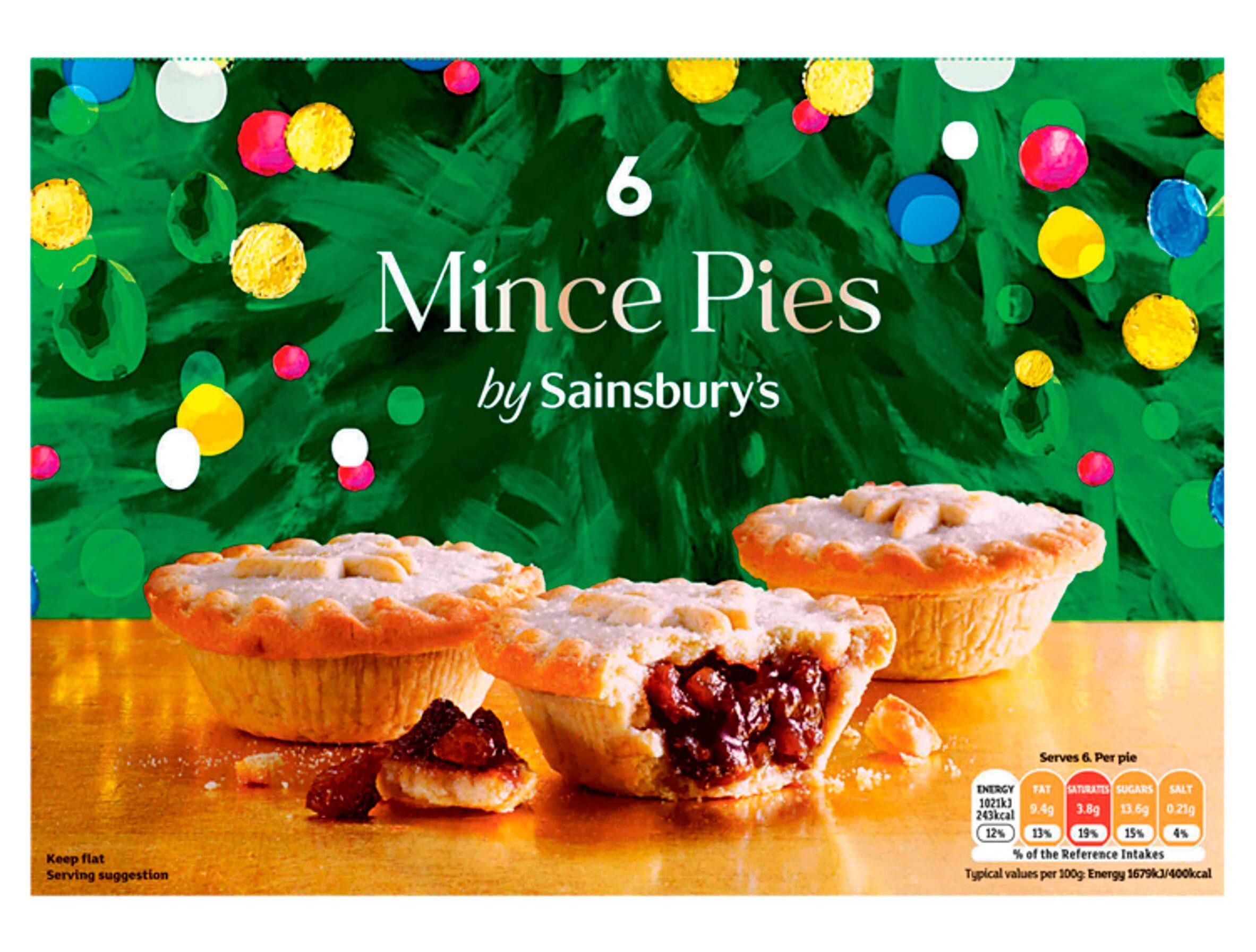 Box of six Sainsbury's mince pies with a festive background, featuring three pies with visible filling.