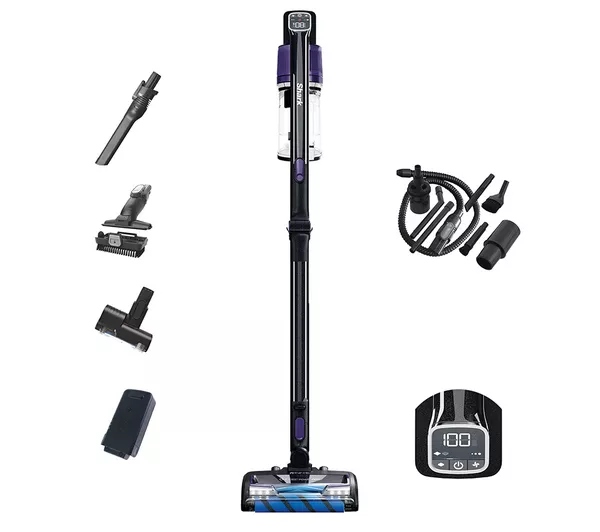 A Shark cordless vacuum cleaner, shown surrounded by its various attachments