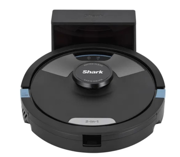 Black Shark robotic vacuum cleaner on its charging dock.