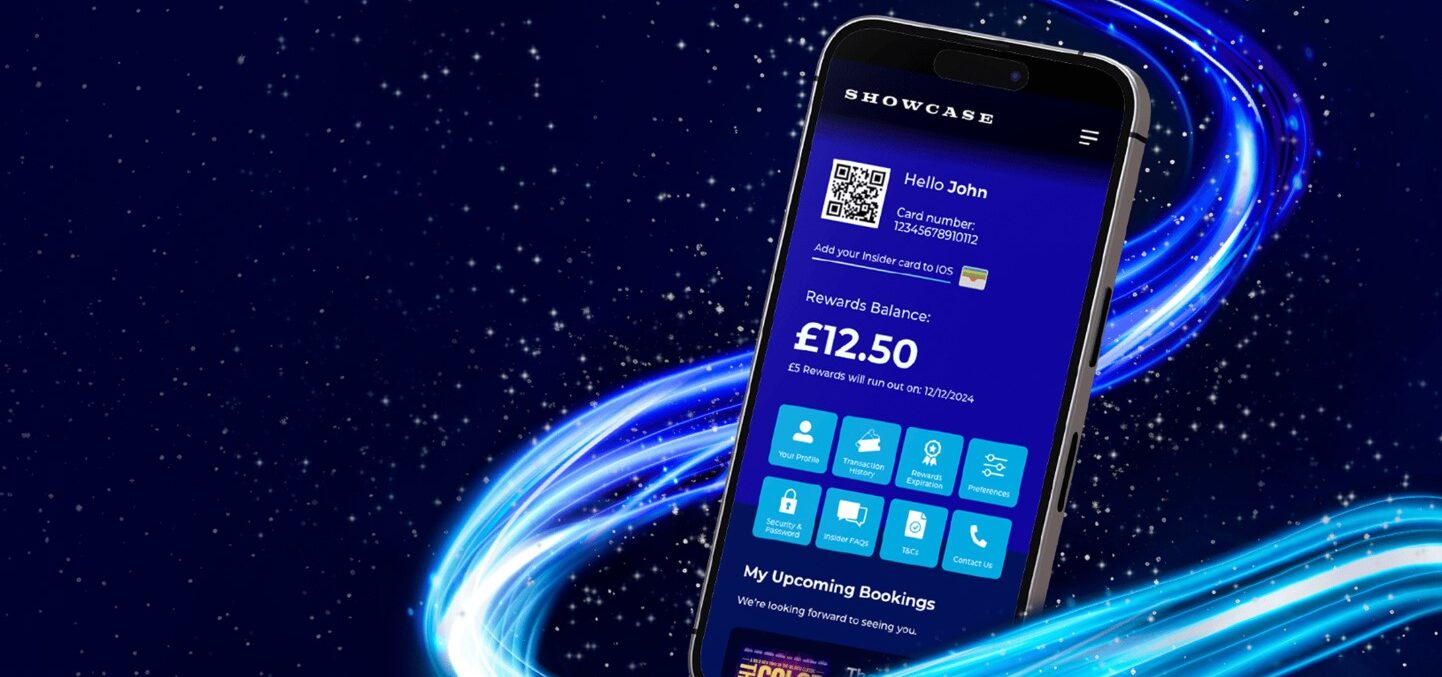 A smartphone screen displays a rewards app with a balance of £12.50, set against a digital, space-themed background with swirling blue lights.