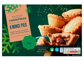 Box of six mince pies with golden crusts and fruit filling, labeled "Waitrose 6 Mince Pies." Packaging has a green and orange Christmas design.