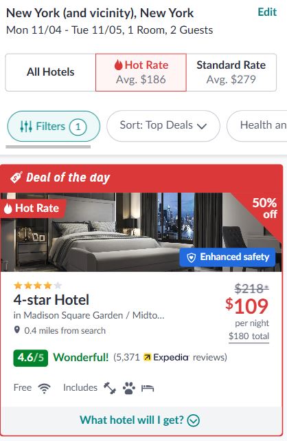 Hotel booking page showing a 4-star hotel offer in New York for $109 per night, marked as 50% off with a 4.6/5 rating from Expedia reviews.