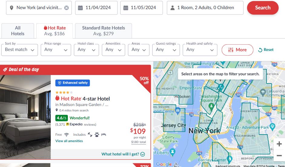 Hotel booking website interface showing a 4-star hotel deal in New York City with a price of $109. A map on the right highlights the hotel location.