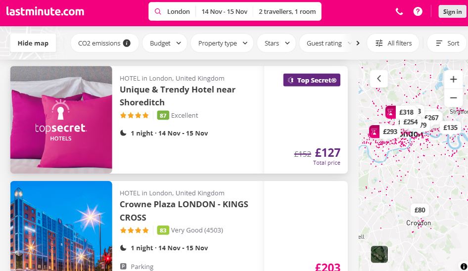 Travel booking page showing hotel options in London with prices and a map. Top listings include "Unique & Trendy Hotel" and "Crowne Plaza London - Kings Cross.