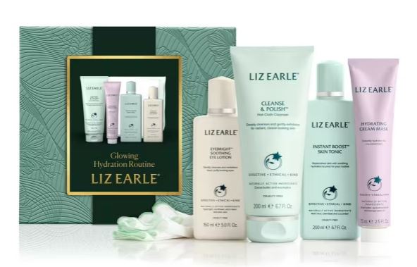 Liz Earle skincare set with cleanse, polish, toner, serum, and cream mask, displayed with a green box labeled "Glowing Hydration Routine.