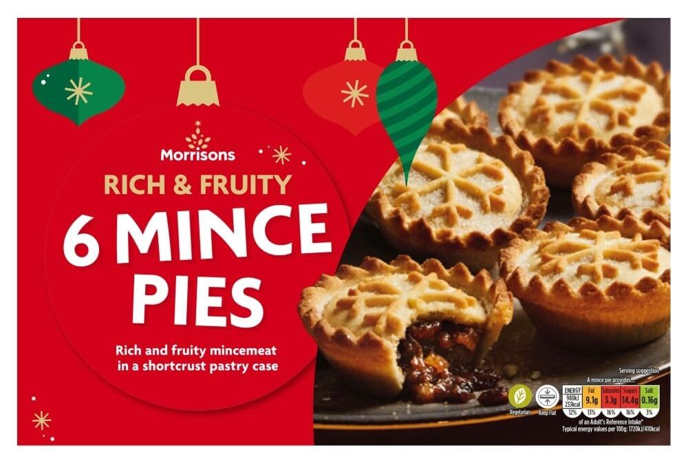 A package of Morrison's rich and fruity mince pies, featuring six pies in a shortcrust pastry case, with festive decorations on the packaging.