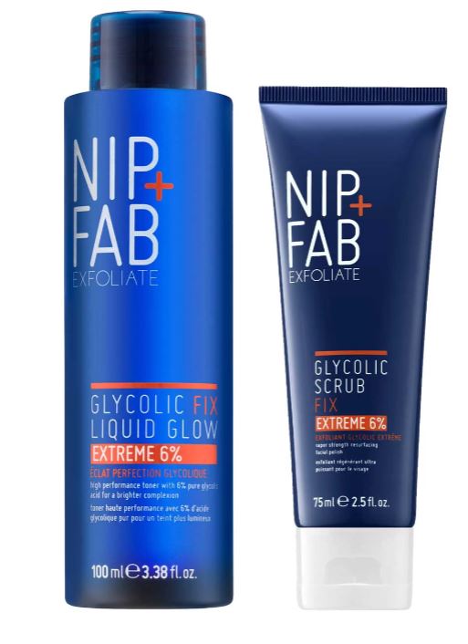 Two skincare products from Nip+Fab: a 100ml Glycolic Fix Liquid Glow and a 75ml Glycolic Scrub Fix, both labeled as Extreme 6%.