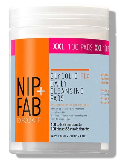 A white jar of Nip+Fab Glycolic Fix Daily Cleansing Pads, containing 100 XXL pads for exfoliation. The product is 100% vegan and cruelty-free.