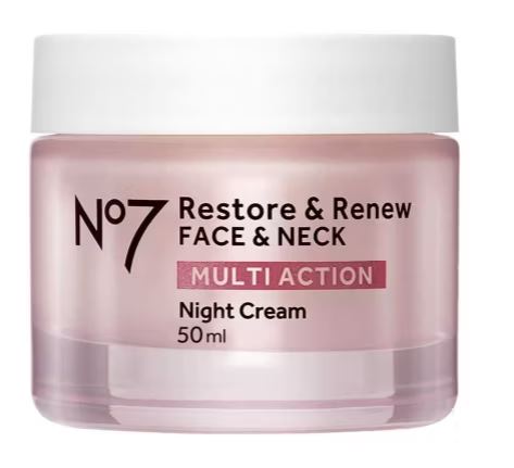 A jar of No7 Restore & Renew Face & Neck Multi Action Night Cream, 50 ml.