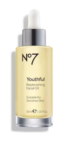 Bottle of No7 Youthful Replenishing Facial Oil with a dropper, labeled as suitable for sensitive skin, 30 ml (1 US fl oz).