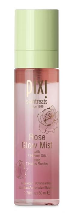 Image of a pink bottle labeled "Pixi Rose Glow Mist" with a green cap. Text mentions "7 Flower Oils.