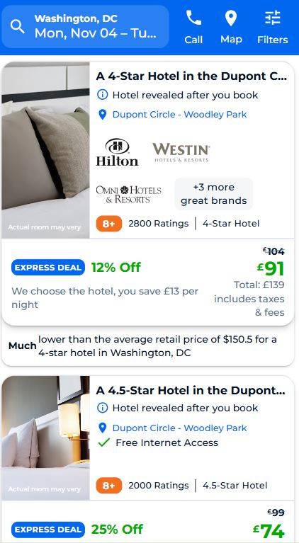 Screenshot of a hotel booking webpage showing two hotel deals in Washington, DC, with discounts, star ratings, and prices in euros for a 4-star hotel.