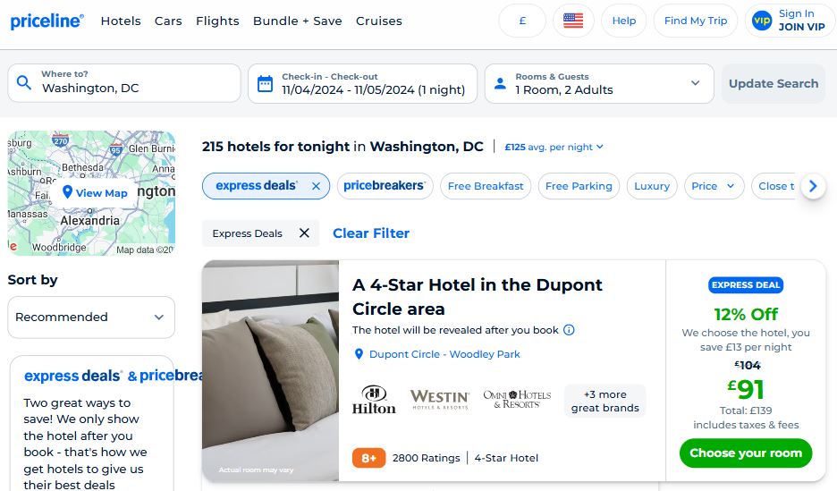 Priceline listing showing a 4-star Dupont Circle area hotel in Washington, DC, for £91 per night with a 12% discount. Multiple filter options and booking buttons are visible.