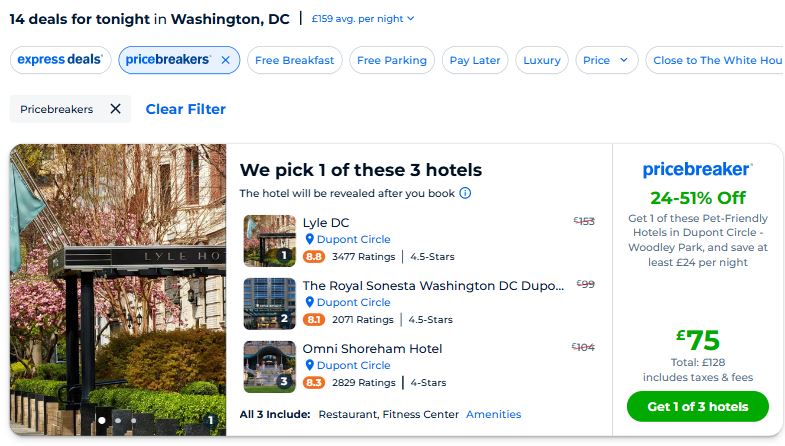 Hotel booking options in Washington, DC, featuring three choices with discounts of 24-51% for a selected pricebreaker hotel at £75 per night.