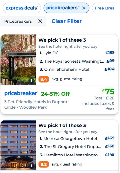 Hotel deal options on Expedia: Lyle DC, The Royal Sonesta, Omni Shoreham, Melrose Georgetown, The St Gregory Hotel, and Hamilton Hotel. Prices range from £59 to £104 before taxes.