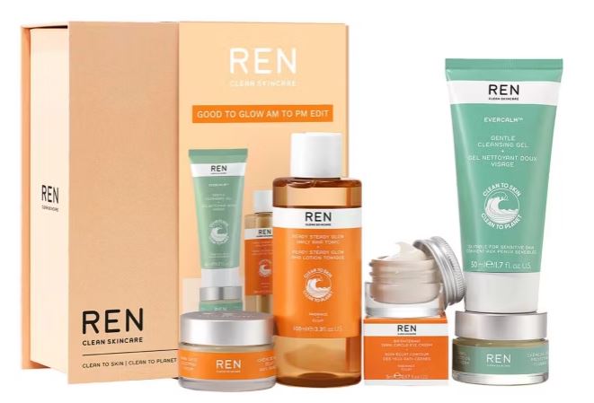 A collection of REN skincare products, including bottles and tubes, is displayed alongside packaging labeled "Good to Glow AM to PM Edit.