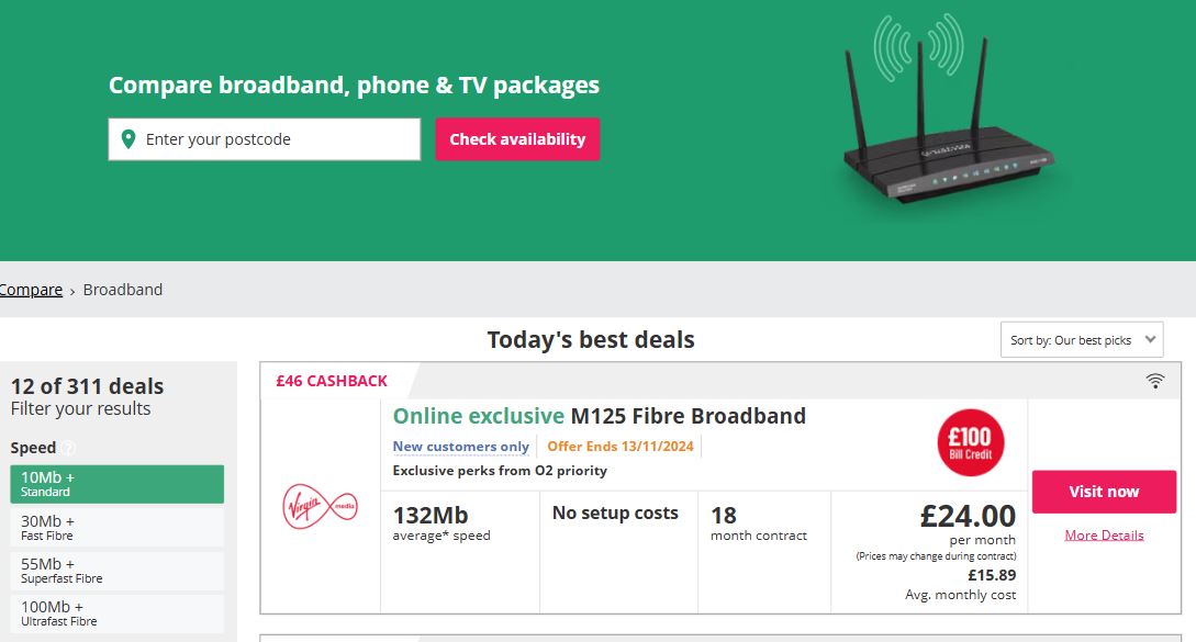 Broadband comparison webpage showing a Virgin Media offer with 132Mb average speed, £24 monthly cost, and an 18-month contract. Options to select speed are listed on the left.