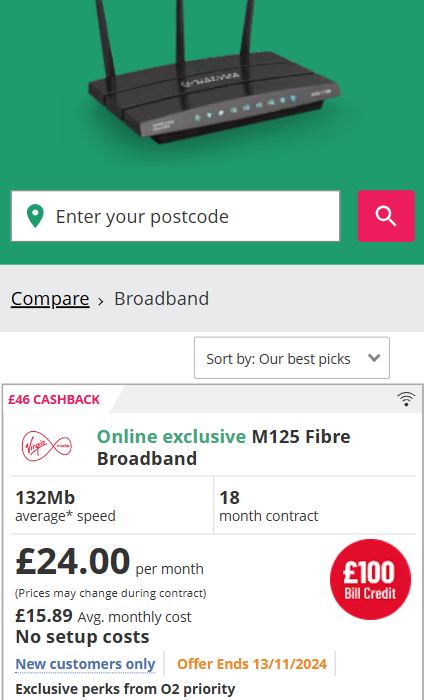 Screenshot of a broadband advertisement showing a Virgin Media fiber package: 132Mb speed, 18-month contract, £24/month, £100 bill credit, £46 cashback, offer ends 13/11/2024.