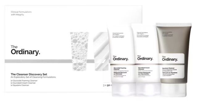 The image shows The Ordinary Cleanser Discovery Set with three tubes and the packaging box displayed.