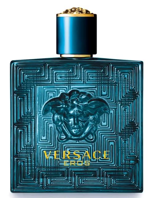 Blue bottle of Versace Eros perfume with a Medusa head design and gold lettering.