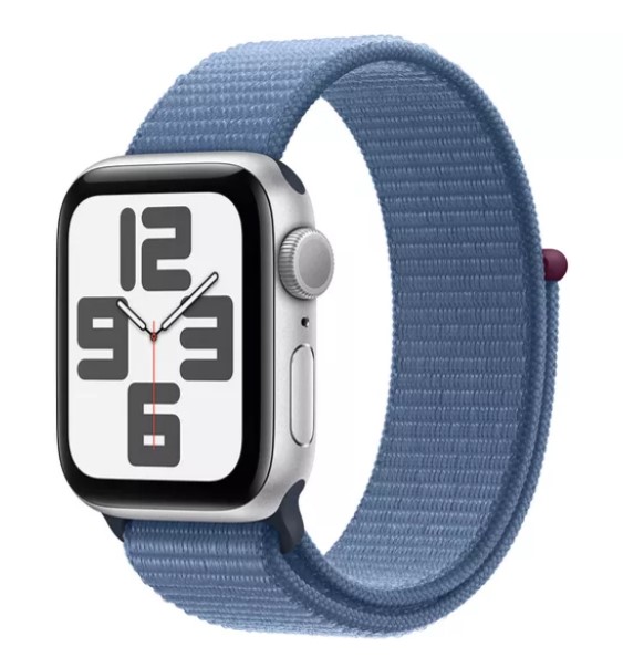 Smartwatch with a digital display showing the time, set in a metal case and paired with a blue woven strap.