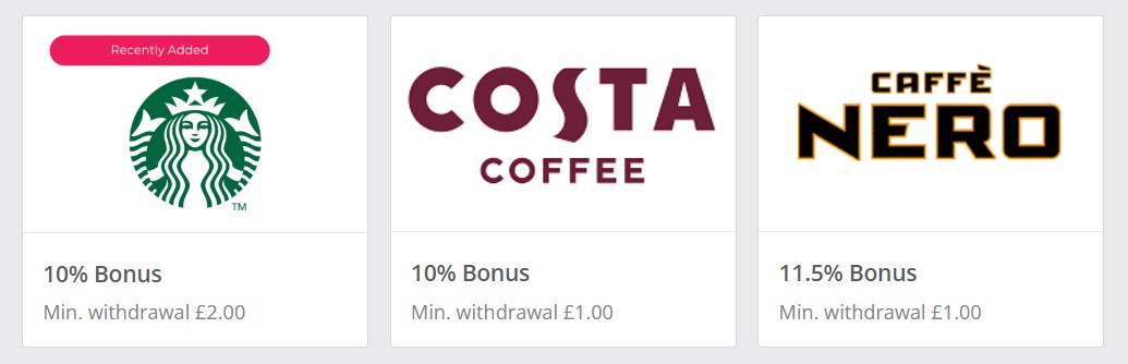 Starbucks, Costa Coffee, and Caffè Nero logos with respective bonuses: 10% (min. £2 withdrawal), 10% (min. £1 withdrawal), and 11.5% (min. £1 withdrawal).