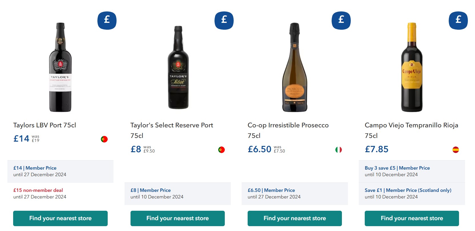 Image showing four wines with prices: Taylors LBV Port (£14), Taylor's Select Reserve Port (£8.50), Co-op Irresistible Prosecco (£6.50), and Campo Viejo Tempranillo Rioja (£7.85), with member offers.