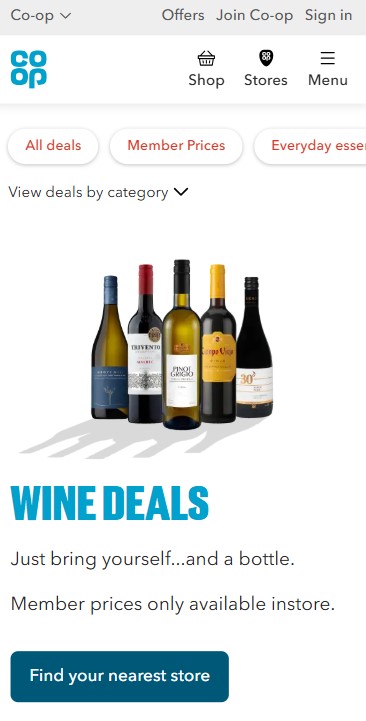 A variety of wine bottles displayed in a row with a heading "Wine Deals" and a prompt to find the nearest store.