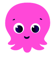 A cute, cartoon-style pink octopus with large eyes and a small smile on a white background.