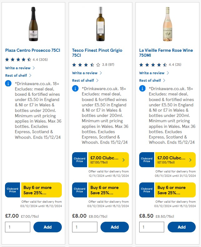 Image of a product comparison list of three wines: Prosecco, Pinot Grigio, and Rosé. Each entry shows ratings, price, discounts, promotions, and shelf life.