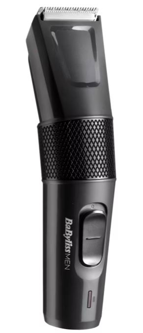 A cordless black electric hair trimmer with an adjustable blade and power button.