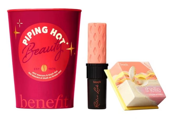 Benefit beauty set including a red cup, mascara, and blush box.