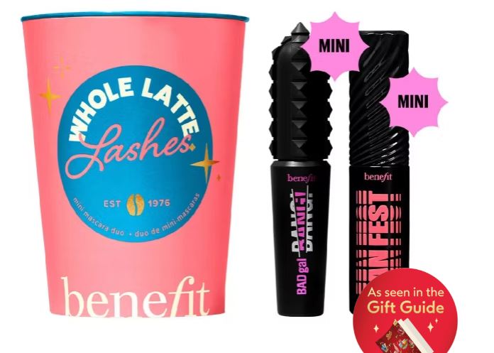 Pink container with "Whole Latte Lashes" text and two Benefit mini mascaras next to it. Red label in the corner states "As seen in the Gift Guide.