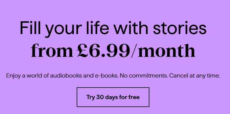 Advertisement promoting a reading service for £6.99/month with a 30-day free trial. Includes audiobooks and e-books with no commitments and easy cancellation. Background is purple.