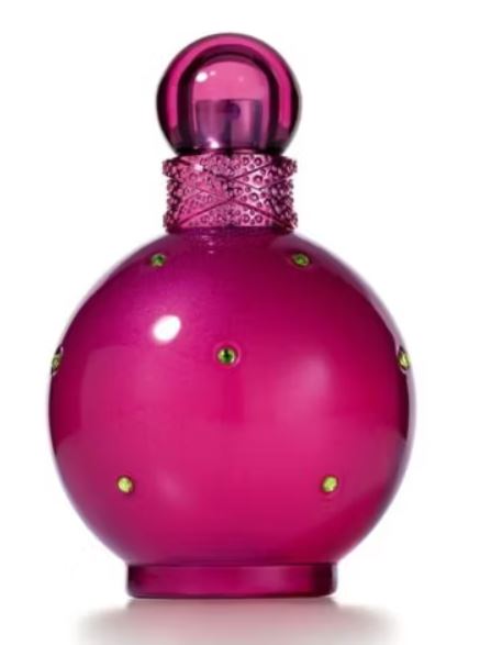 Pink round perfume bottle with a decorative cap and small green gems.