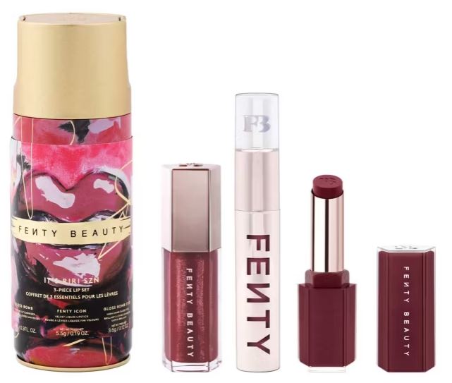 Fenty Beauty lipstick set with a cylindrical box, three lip products in various shades, and metallic packaging.