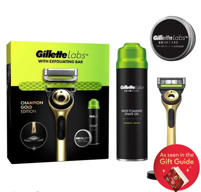 GilletteLabs Champion Gold Edition set with a razor, exfoliating bar, rapid foaming shave gel, moisturizer, and stand, featured in a gift guide.