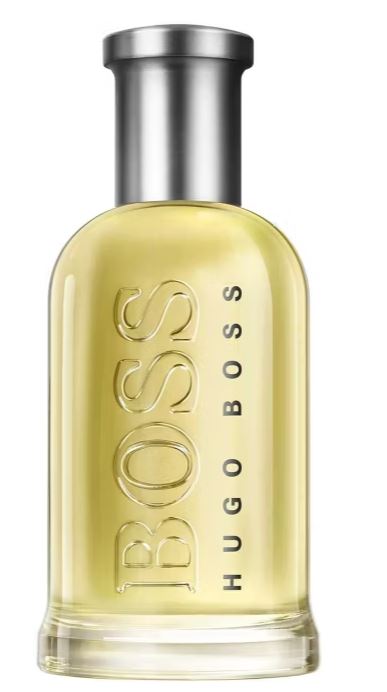 A clear glass bottle of Hugo Boss perfume with a silver cap. The bottle is filled with a pale yellow liquid. The word "BOSS" is embossed vertically on the front.